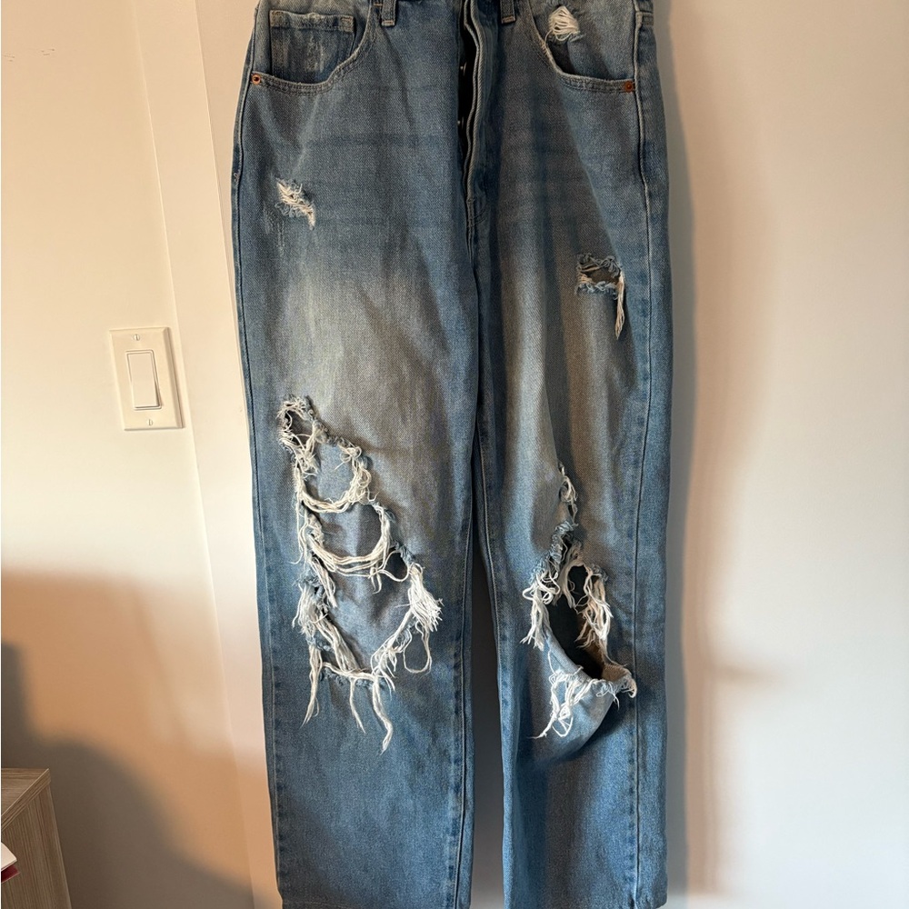 Distressed Blue Wide Leg Jeans